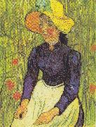 Young Peasant Woman with straw hat sitting in front of a wheat field Vincent Van Gogh